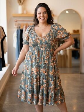 Angie Sage Green Floral Smocked Puff-Sleeve Midi Dress